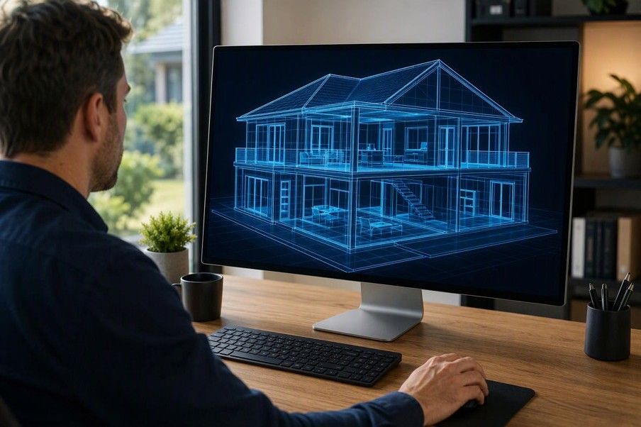A person exploring a glowing blueprint model of a two-storey home on a desktop monitor