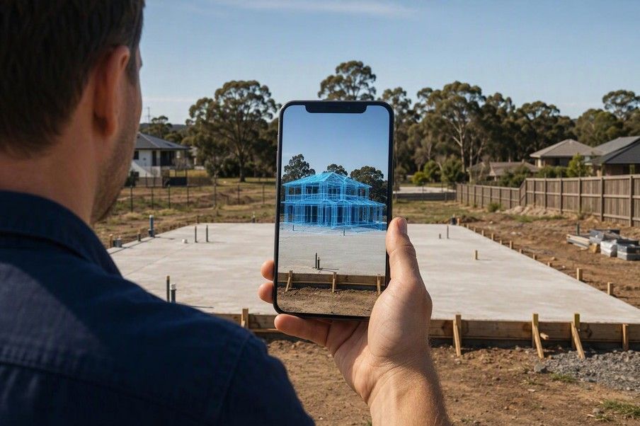 A person holding up a phone on site, showing the 3D house standing on the slab