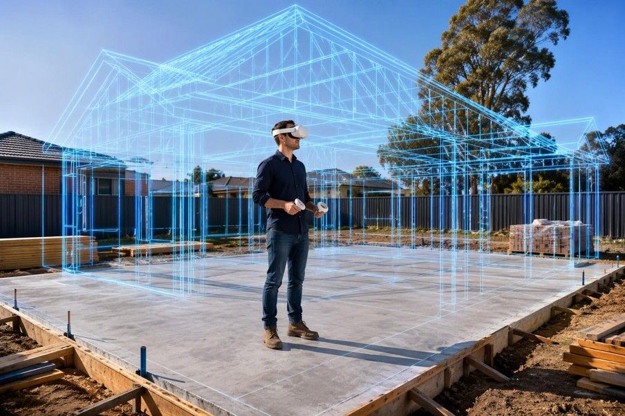 A person in a VR headset on a concrete slab, with the house frame drawn around them at full size