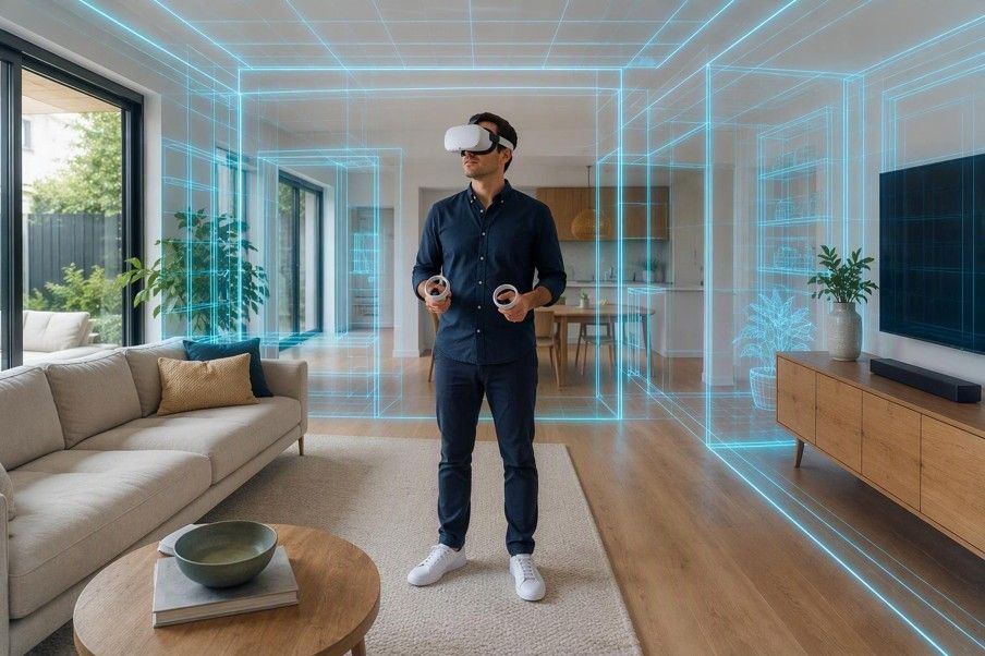 A person in a VR headset standing in a furnished living room, with hologram outlines of the walls around them